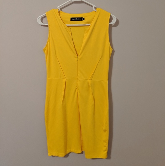 oxiuli fashion Dresses & Skirts - Yellow Sleeveless Zipper V-Neck Bodycon Dress, L